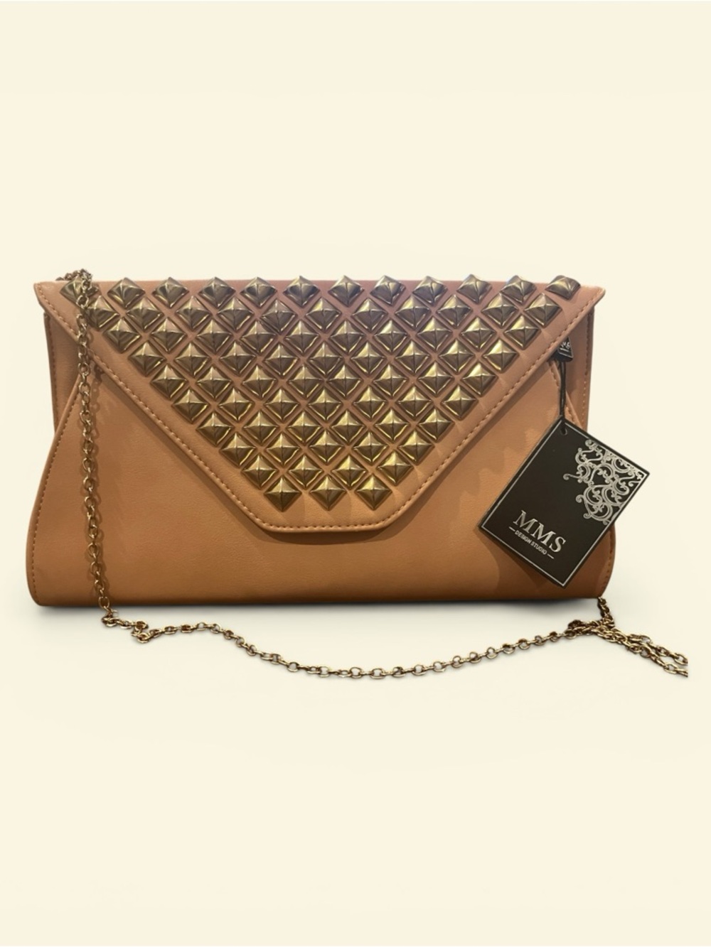 MMS Design Studio Peachy Pyramid-Stud Envelope Clutch with Chain